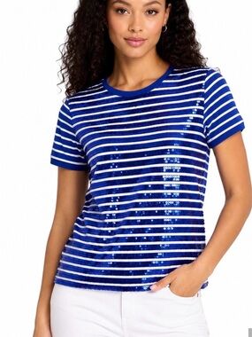 Ralph Lauren Striped Sequin Tee in Blue & White